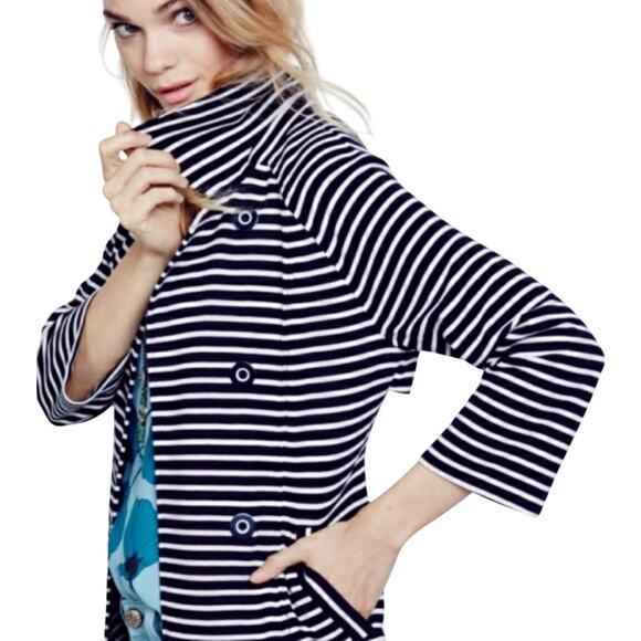 CAbi Maritime Trench Coat Jacket Women's Medium Navy Stripe Nautical Stretchy - Picture 1 of 7